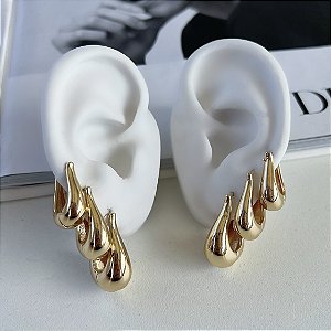 Trio Brincos Folheado Ouro 18k e Prata 925 Argolas Gota Abaulada
