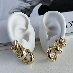 Trio Brincos Folheado Ouro 18k e Prata 925 Argolas Abaulada