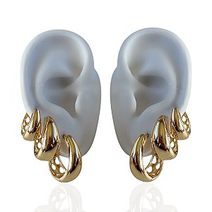 Trio Brincos Folheado Ouro 18k e Prata 925 Argolas Abaulada
