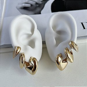 Trio Brincos Folheado Ouro 18k e Prata 925 Argolas Coração Abaulada