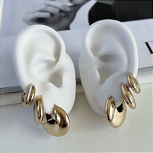 Trio Brincos Folheado Ouro 18k e Prata 925 Argolas Abaulada