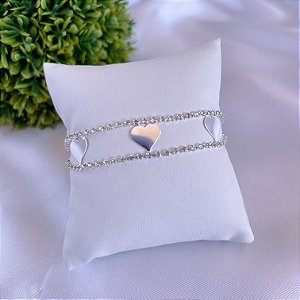 Pulseira Folheada Prata 925 Corações Strass