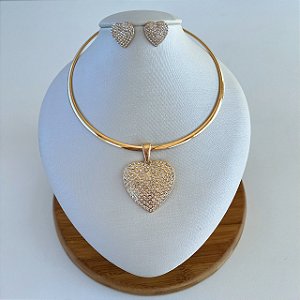 Conjunto Bijuteria Aro Coração Strass