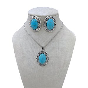 Conjunto Bijuteria Prata Oval Pedraria Trabalhada