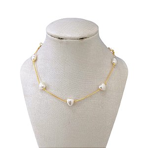 Choker Folheada Ouro 18k e Prata 925 Corações Pérolas