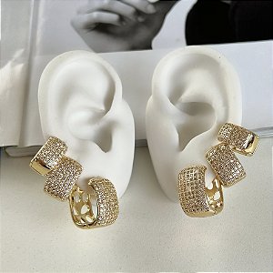 Trio Brincos Folheado Ouro 18k e Prata 925 Argolas Quadrada Cravejada