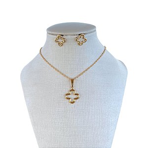 Conjunto Folheado Ouro 18k Trevo Vazado