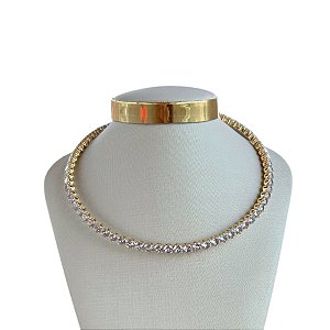 Choker Folheada Ouro 18k e Prata 925 Aro Bolinhas Cravejadas