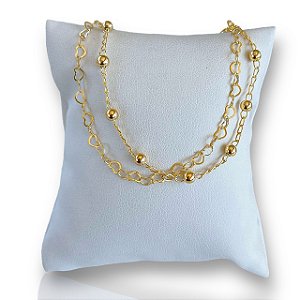 Pulseira Folheada Ouro 18k Dupla Bolinhas Corações