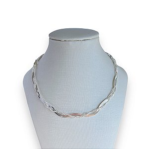 Choker Folheada Prata 925 Fita Laminada Bolinhas Trançada