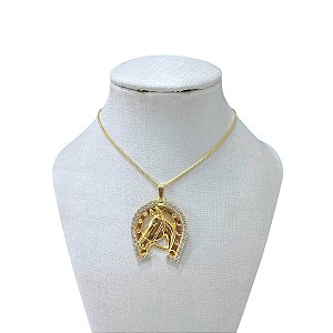 Colar Folheado Ouro 18k Cavalo Ferradura Strass