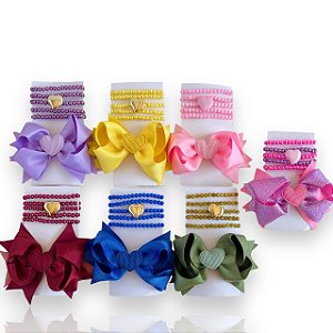 Conjunto Infantil Laço e Kit Pulseiras Coração