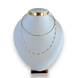 Choker Dupla Folheado Ouro 18k Aro Corações Pérolas