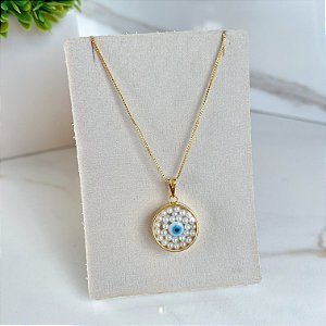Colar Folheado Ouro 18k e Prata 925 Cápsula Olho Grego Pérolas