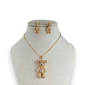 Conjunto Folheado Ouro 18k e Prata 925 Inspired Urso Cravejado