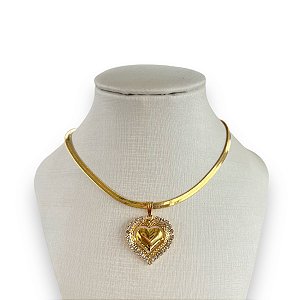 Choker Folheada Ouro 18k e Prata 925 Fita Laminada Coração Strass