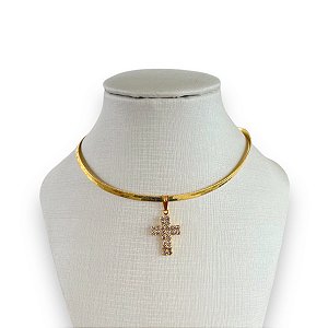 Choker Folheada Ouro 18k e Prata 925 Fita Laminada Cruz Strass