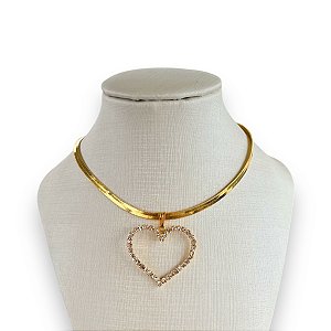 Choker Folheada Ouro 18k e Prata 925 Fita Laminada Coração Strass