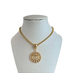 Colar Folheado Ouro 18k Correntaria Medalha Cruz Cravejada