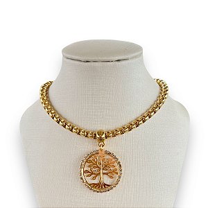 Colar Folheado Ouro 18k Correntaria Árvore da Vida Strass