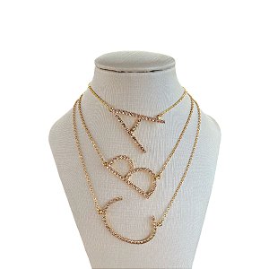Colar Folheada Ouro 18k e Prata 925 Letra Inicial Personalizada Strass