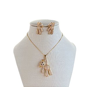 Conjunto Folheado Ouro 18k e Prata 925 Inspired Urso Cravejado