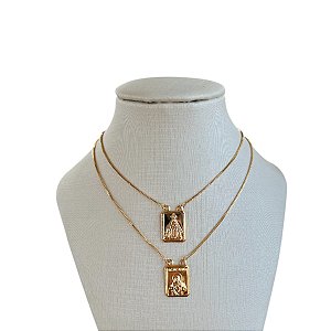 Colar Escapulário Folheado Ouro 18k e Prata 925 Nossa Senhora e Jesus