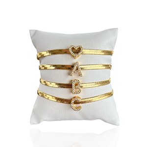 Pulseira Folheada Ouro 18k e Prata 925 Fita Laminada Letra Inicial Cravejada