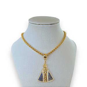 Colar Folheado Ouro 18k e Prata 925 Correntaria Nossa Senhora Cravejada