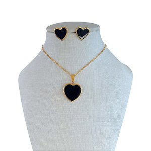 Conjunto Folheado Ouro 18k Coração Resinado