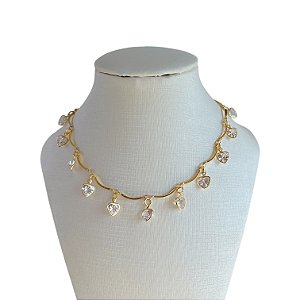 Choker Folheada Ouro 18k Corações Cristais