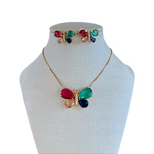 Conjunto Folheado Ouro 18k e Prata 925 Borboleta Cravejada