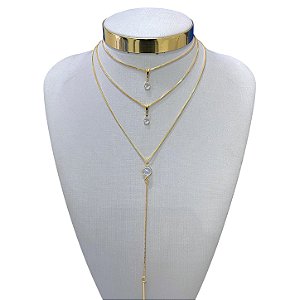 Colar Triplo Folheado Ouro 18k e Prata 925 Ponto de Luz