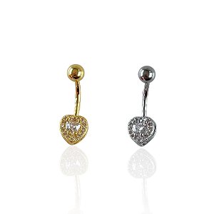 Piercing Aço Inoxidável Dourado e Prata Umbigo Coração Ponto de Luz Cravejado