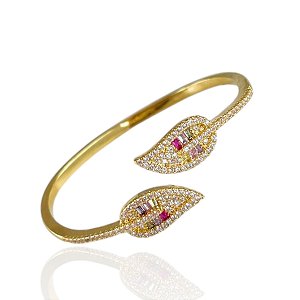 Bracelete Folheado Ouro 18k e Prata 925 Folhas Cravejadas