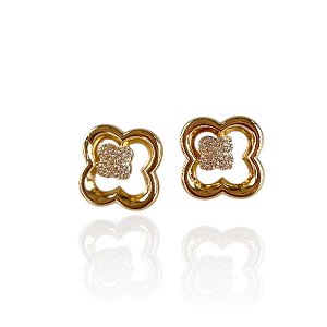Brinco Folheado Ouro 18k e Prata 925 Trevo Cravejado