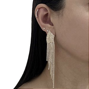 Brinco Folheado Ouro 18k e Prata 925 Franja Strass Cascata