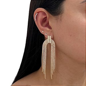 Brinco Folheado Ouro 18k e Prata 925 Franja Strass Arco Aberto