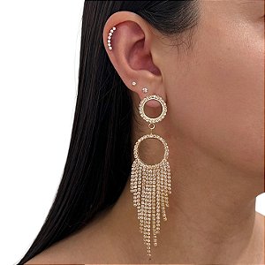 Brinco Folheado Ouro 18k e Prata 925 Franja Strass Argola Dupla
