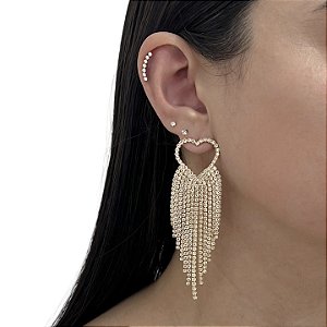 Brinco Folheado Ouro 18k e Prata 925 Franja Strass Coração