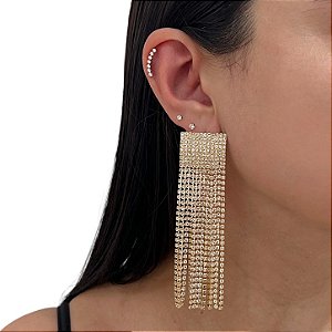 Brinco Folheado Ouro 18k e Prata 925 Franja Strass Quadrado