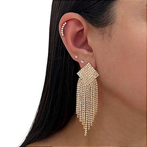 Brinco Folheado Ouro 18k e Prata 925 Franja Strass Losango