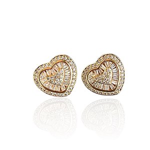 Brinco Folheado Ouro 18k e Prata 925 Coração Cravejado