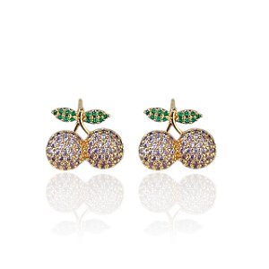Brinco Folheado Ouro 18k e Prata 925 Cereja Cravejada