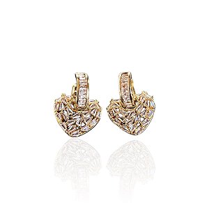 Brinco Folheado Ouro 18k e Prata 925 Coração Cravejado