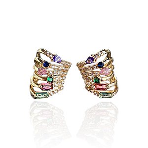Brinco Folheado Ouro 18k e Prata 925 Tiras Cravejada
