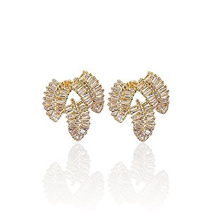 Brinco Folheado Ouro 18k Folha Cravejada