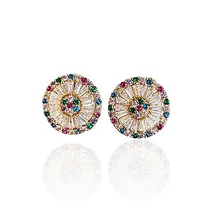 Brinco Folheado Ouro 18k e Prata 925 Mandala Cravejada