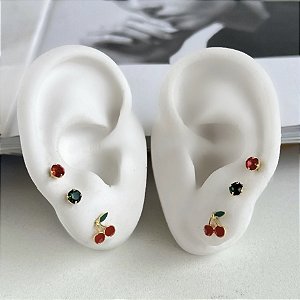 Trio de Brincos Folheado Ouro 18k e Prata 925 Cereja