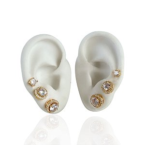 Trio Brincos Folheado Ouro 18k e Prata 925 Redondo Cravejado